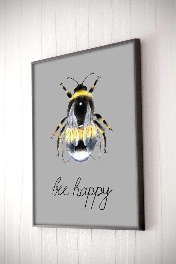 Grey Watercolour Manchester Bee Print Photo with 'Bee Happy' - HD Manchester