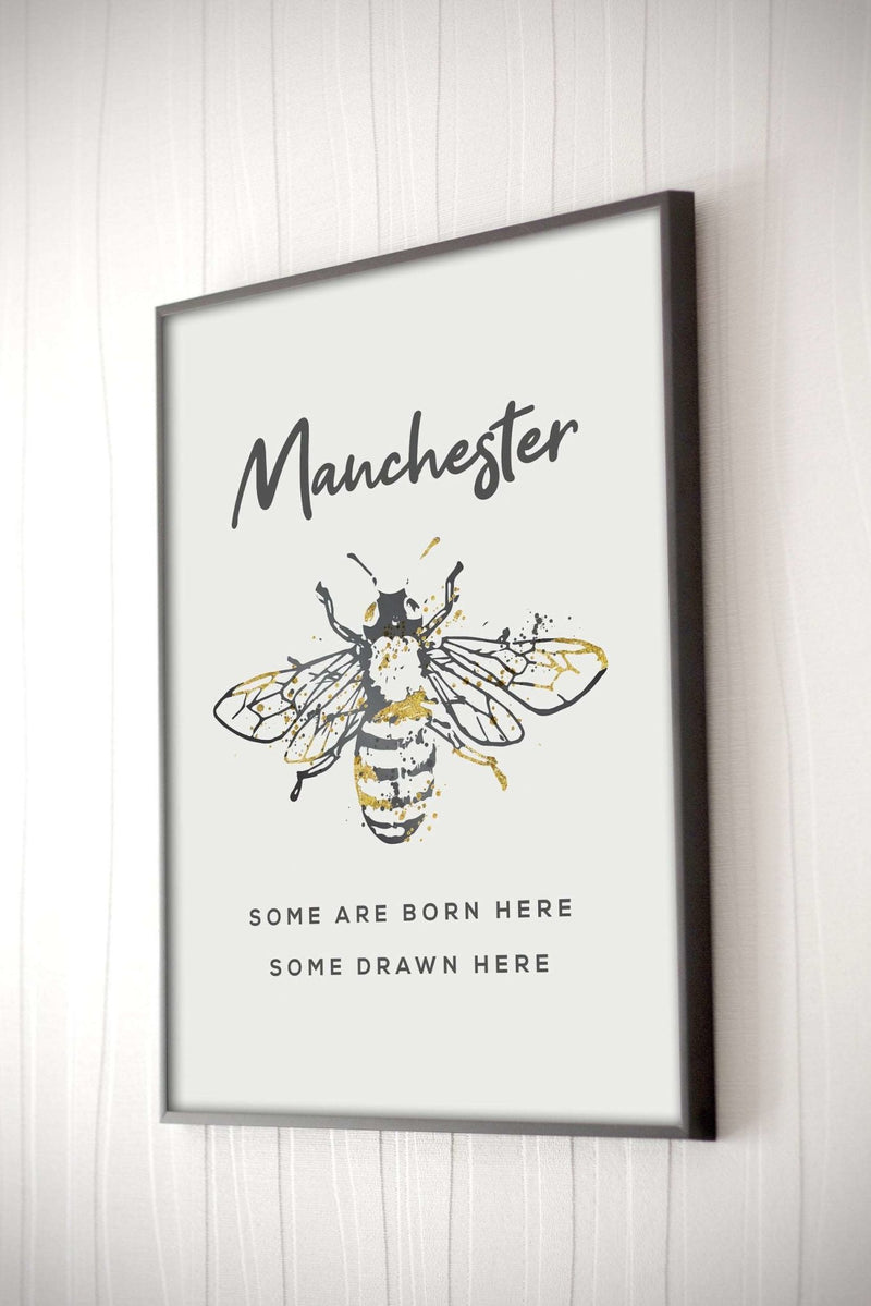 Grey Watercolour Manchester Bee 'Some are born here, Some drawn here' Print Photo - HD Manchester