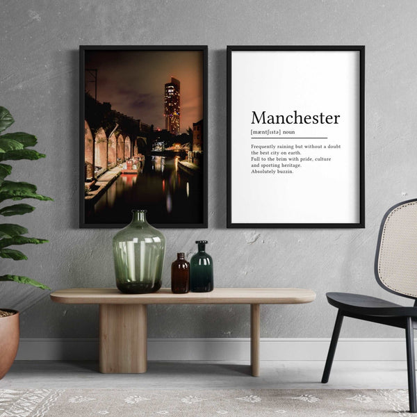 Set of 2 Manchester Artwork And Manchester Definition Prints x 2 Black wooden frames