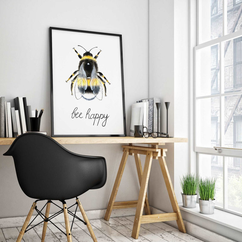 White Background with Watercolour Manchester Bee Framed Photograph Print Photo Wall Art ‘Bee Happy’
