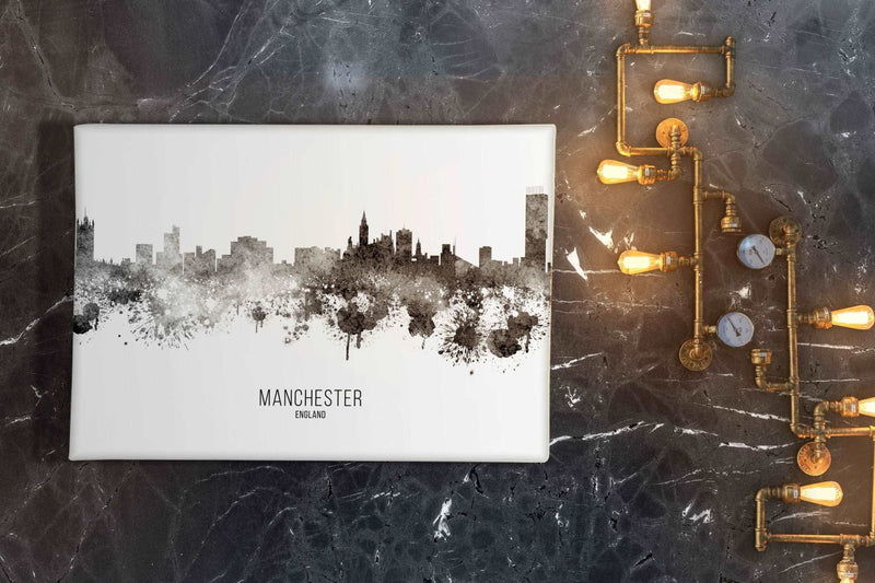 Black Watercolour Manchester Skyline Landscape Canvas Print - HD Manchester
