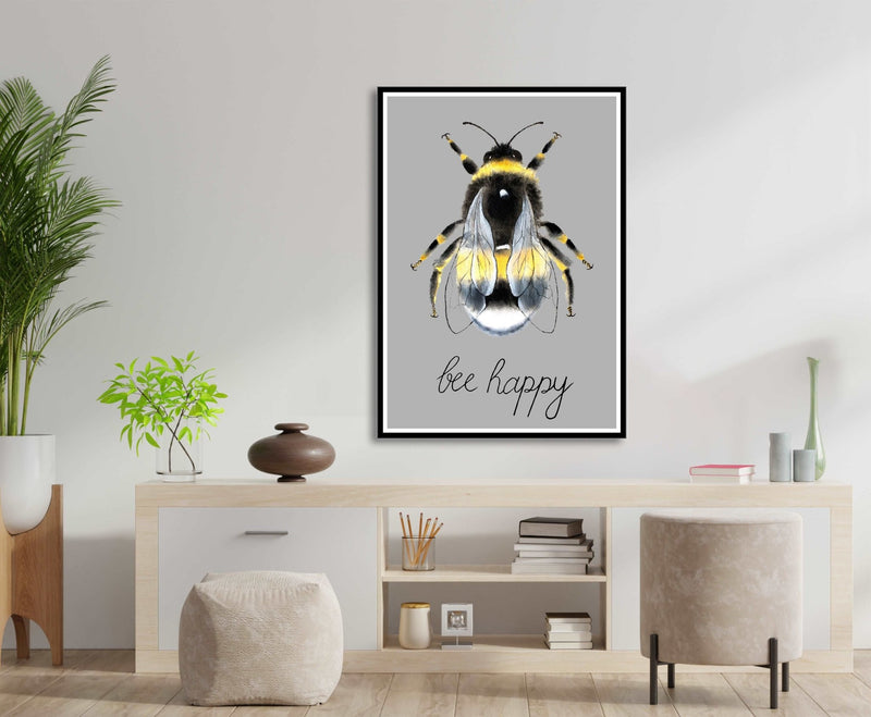 Grey Watercolour Manchester Bee Print Photo with 'Bee Happy' - HD Manchester