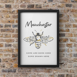 Grey Watercolour Manchester Bee 'Some are born here, Some drawn here' Print Photo - HD Manchester