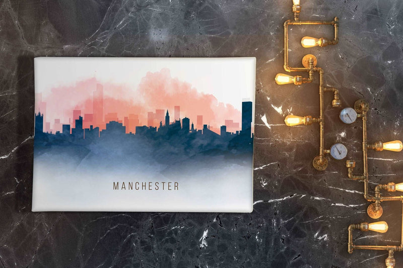 Red and Blue Watercolour Manchester Skyline Landscape Canvas Print