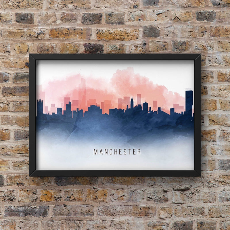 Red and Blue Watercolour Manchester Skyline Landscape Photo Print