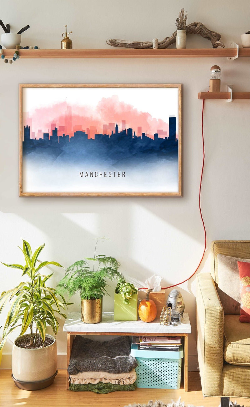 Red and Blue Watercolour Manchester Skyline Landscape Photo Print