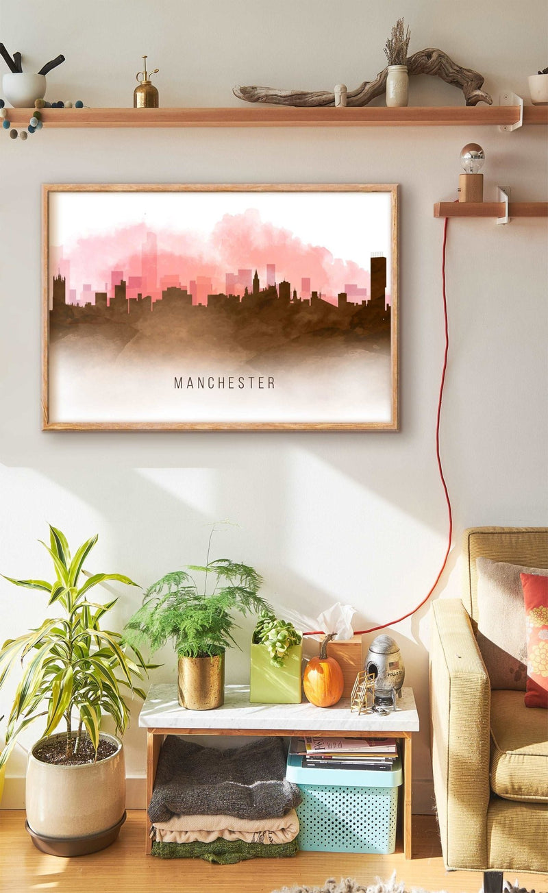 Red Watercolour Manchester Skyline Landscape Photo Print