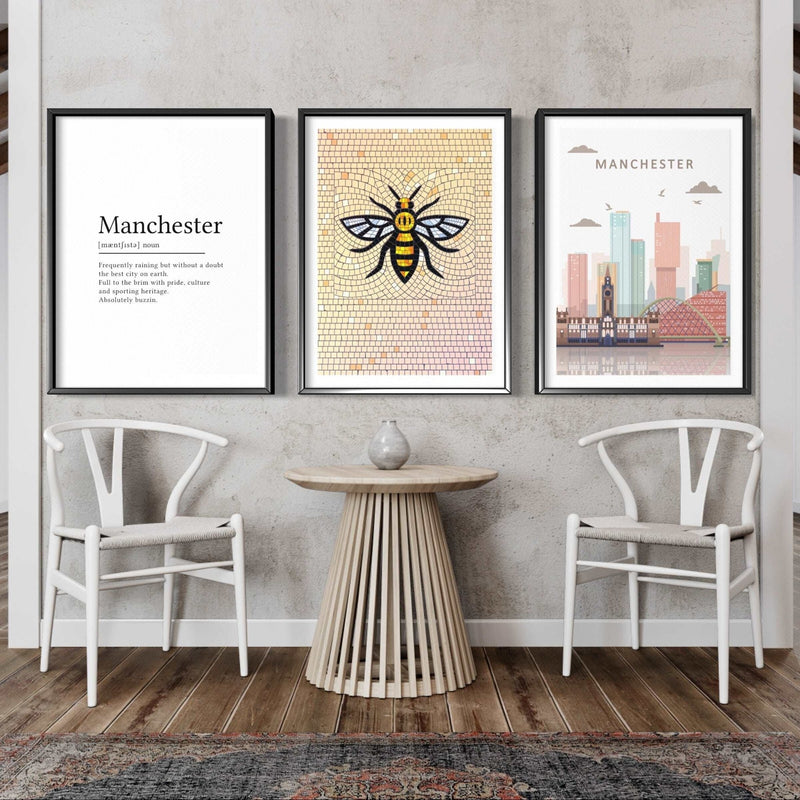 Set of 3 Manchester Bee and Skyline Art Prints x 3 Mounted frames