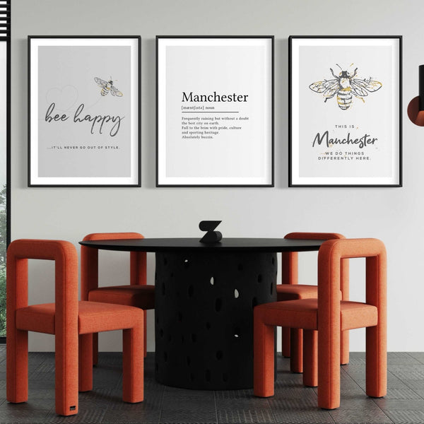 Set of 3 Manchester Bee Art Prints x 3 Black wooden frames