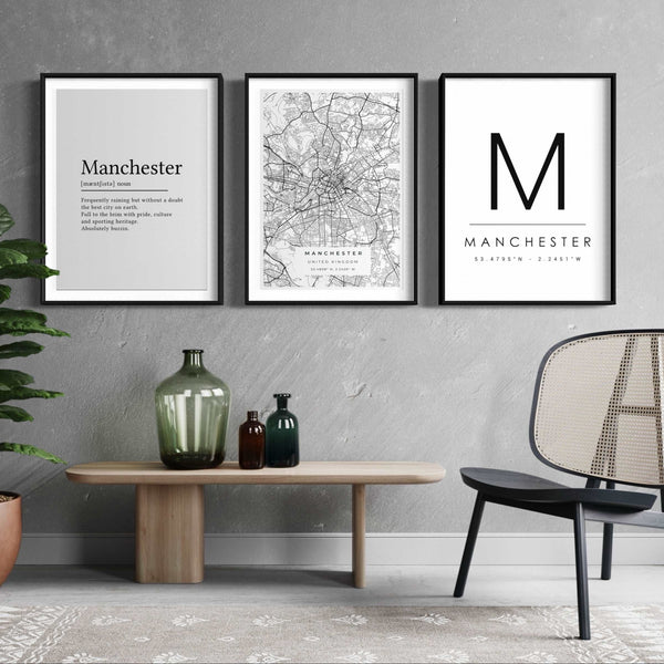 Set of 3 Manchester Map and Quote Prints x 3 Mounted frames