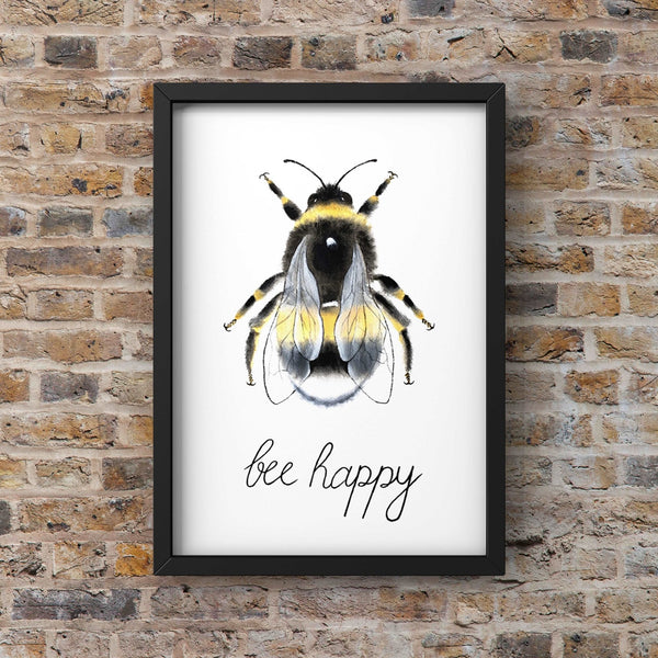 White Background with Watercolour Manchester Bee Framed Photograph Print Photo Wall Art ‘Bee Happy’