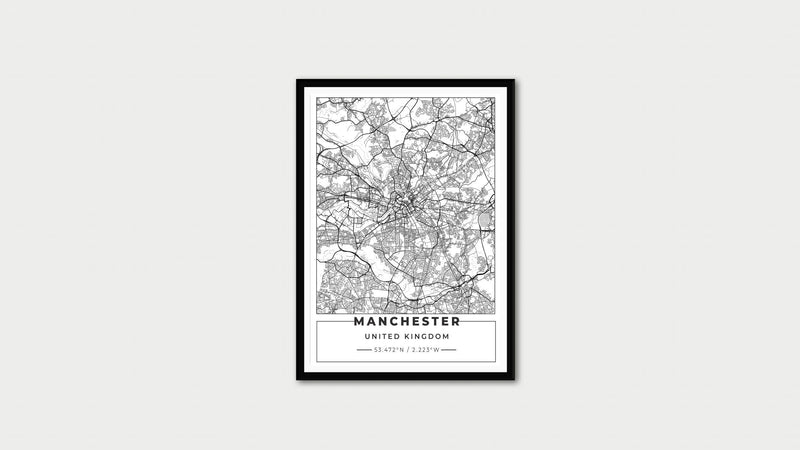 White Manchester Road Map with Coordinates Print Photo