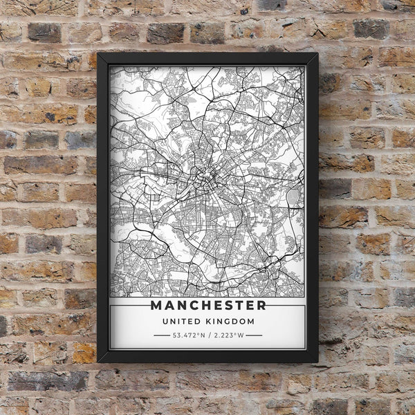 White Manchester Road Map with Coordinates Print Photo