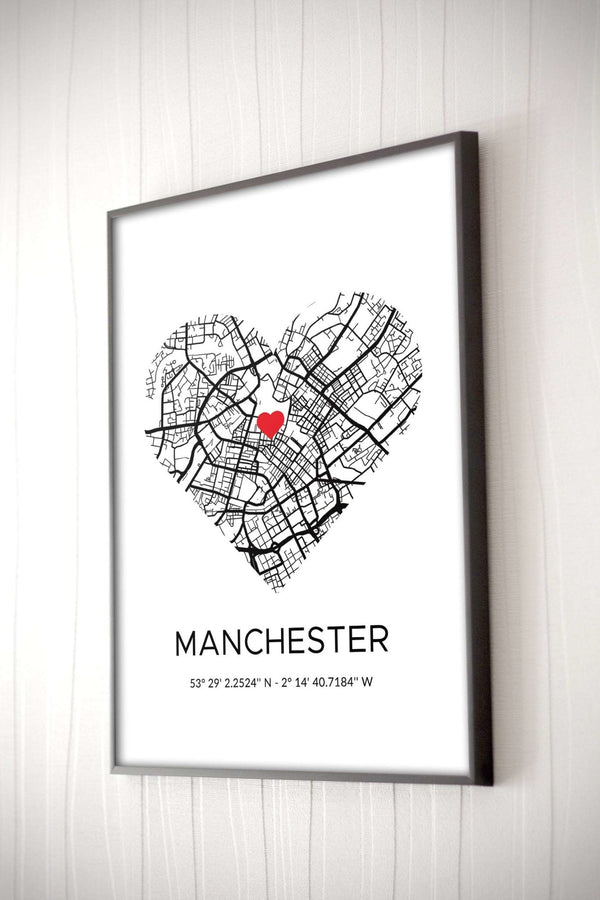 White Manchester Roadmap Print Photo with Love Heart map